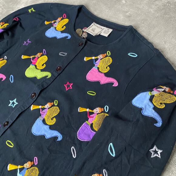 Vintage Michael Simon Lite Art Deco Angels Trumpets Black Cardigan Sweater XL - Picture 2 of 7